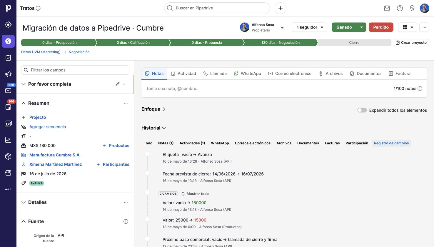 Trazabilidad de registros. Pipedrive en una cuenta de demostración.